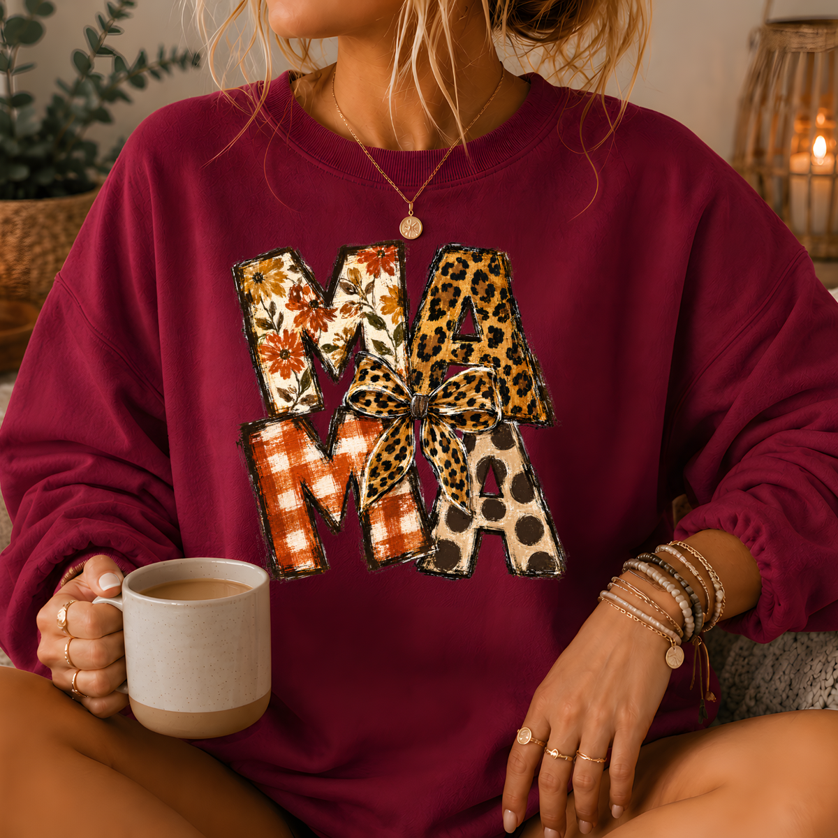 Mama Mixed Print Bow Crewneck Sweatshirt