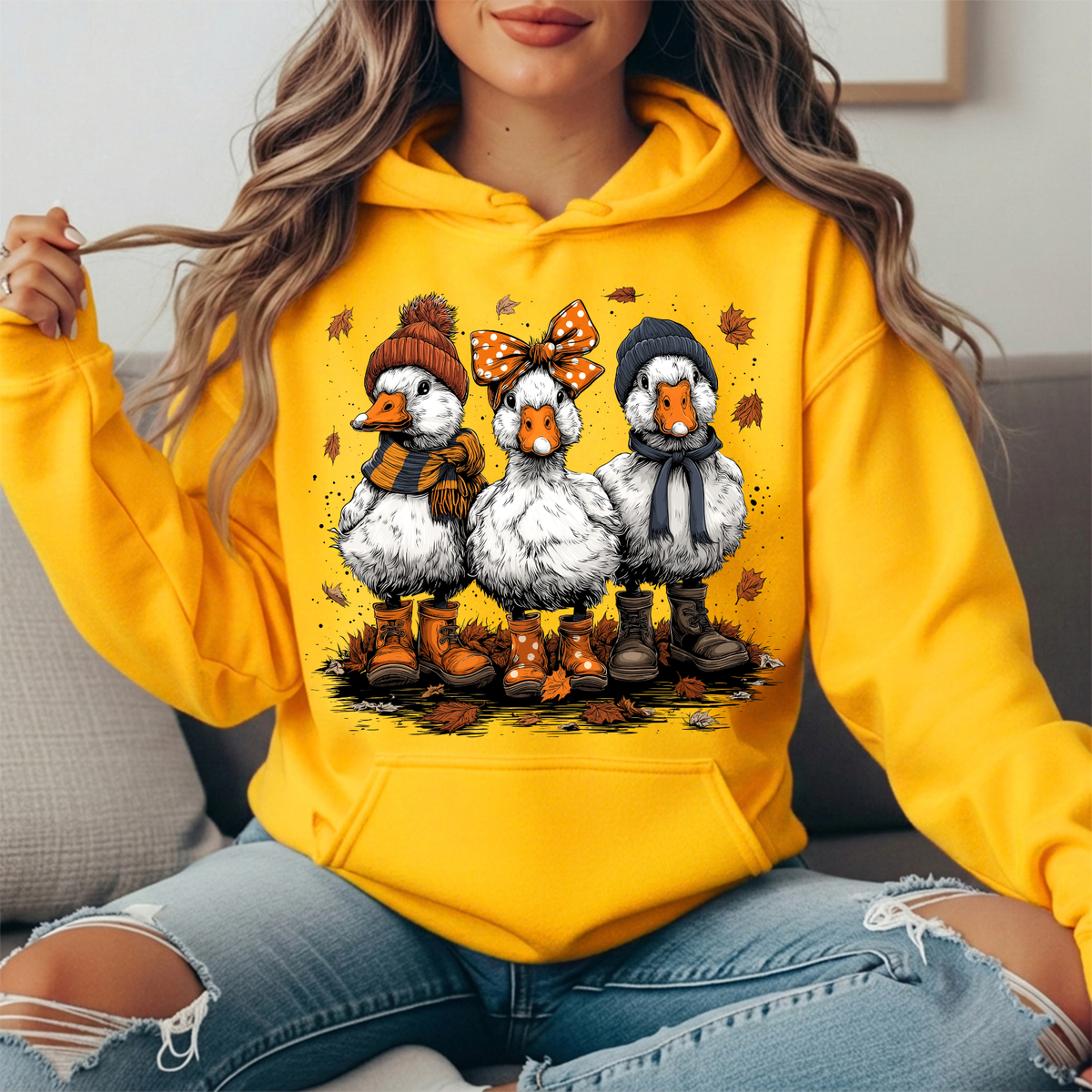 Fall Ducks in Boots & Orange Bow Graphic Hoodie