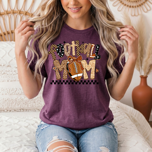Football Mom Mixed Print Bow & Checkerboard Graphic Tee