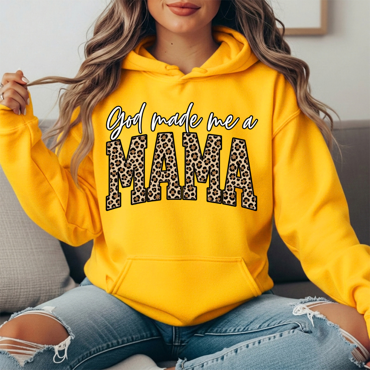 God Made Me a Mama Leopard Print Graphic Hoodie