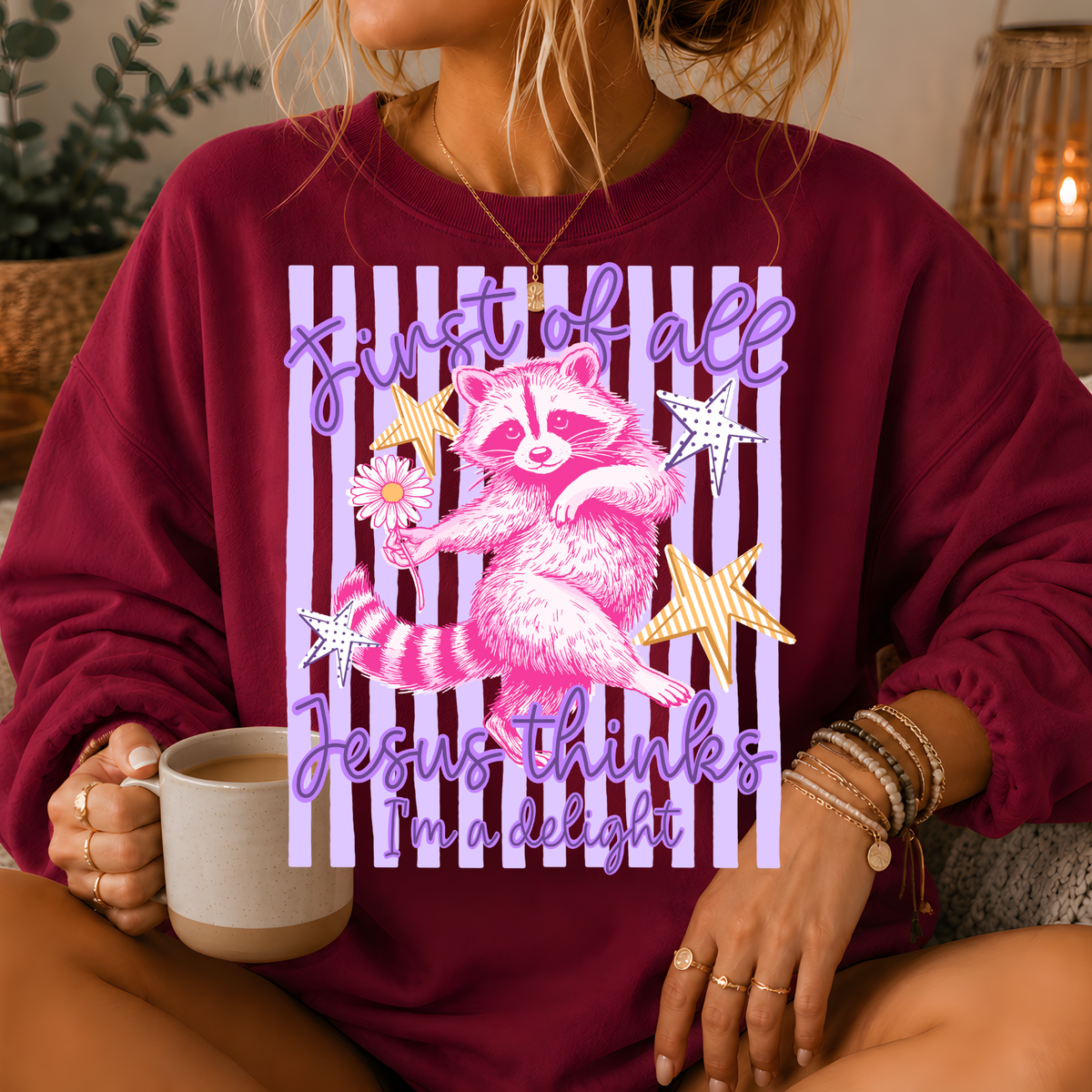 Jesus Thinks I'm a Delight Raccoon Crewneck Sweatshirt