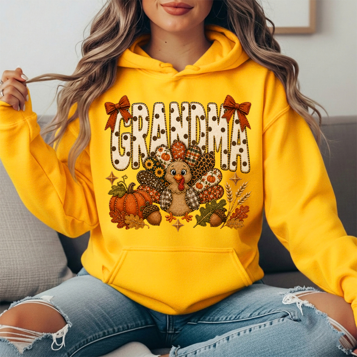 Grandma Thanksgiving Patchwork Turkey Bow Graphic Hoodie