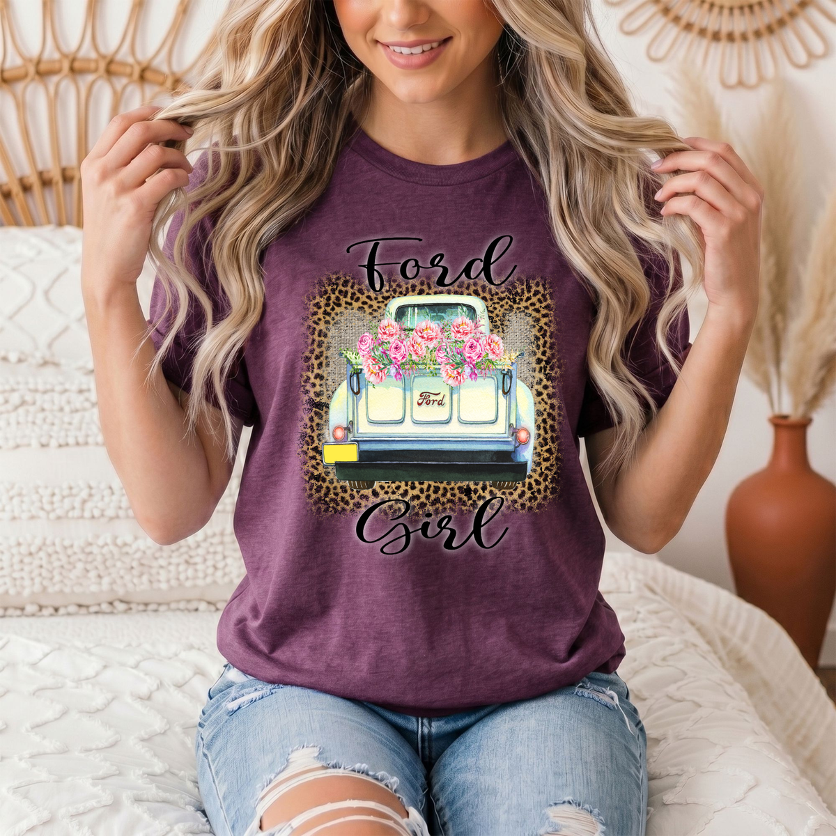 Ford Girl Floral Vintage Truck & Leopard Graphic Tee