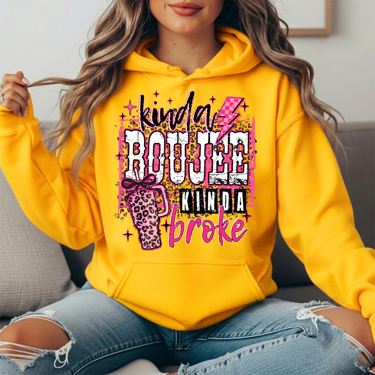 Kinda Boujee Kinda Broke Pink Leopard Graphic Hoodie
