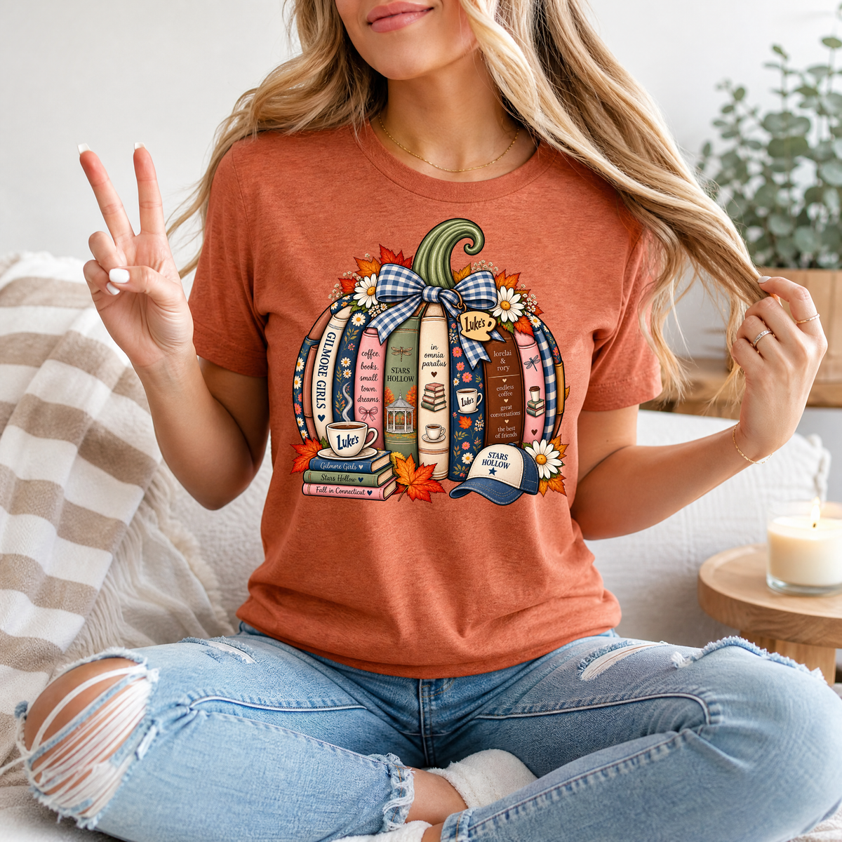 Gilmore Fall Bookish Pumpkin & Gingham Bow Graphic Tee