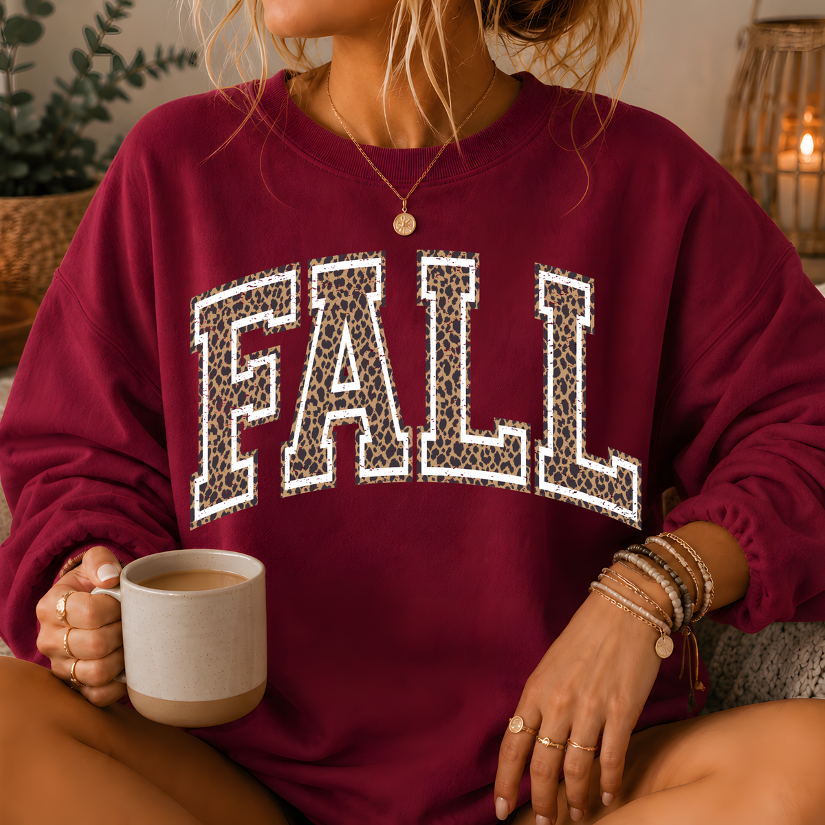 Fall Leopard Print Varsity Crewneck Sweatshirt