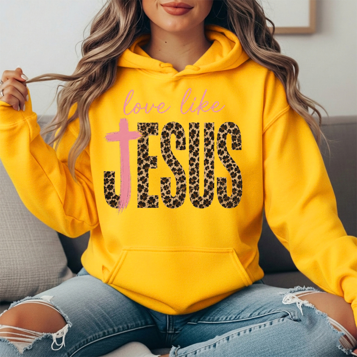 Love Like Jesus Leopard Print Cross Graphic Hoodie