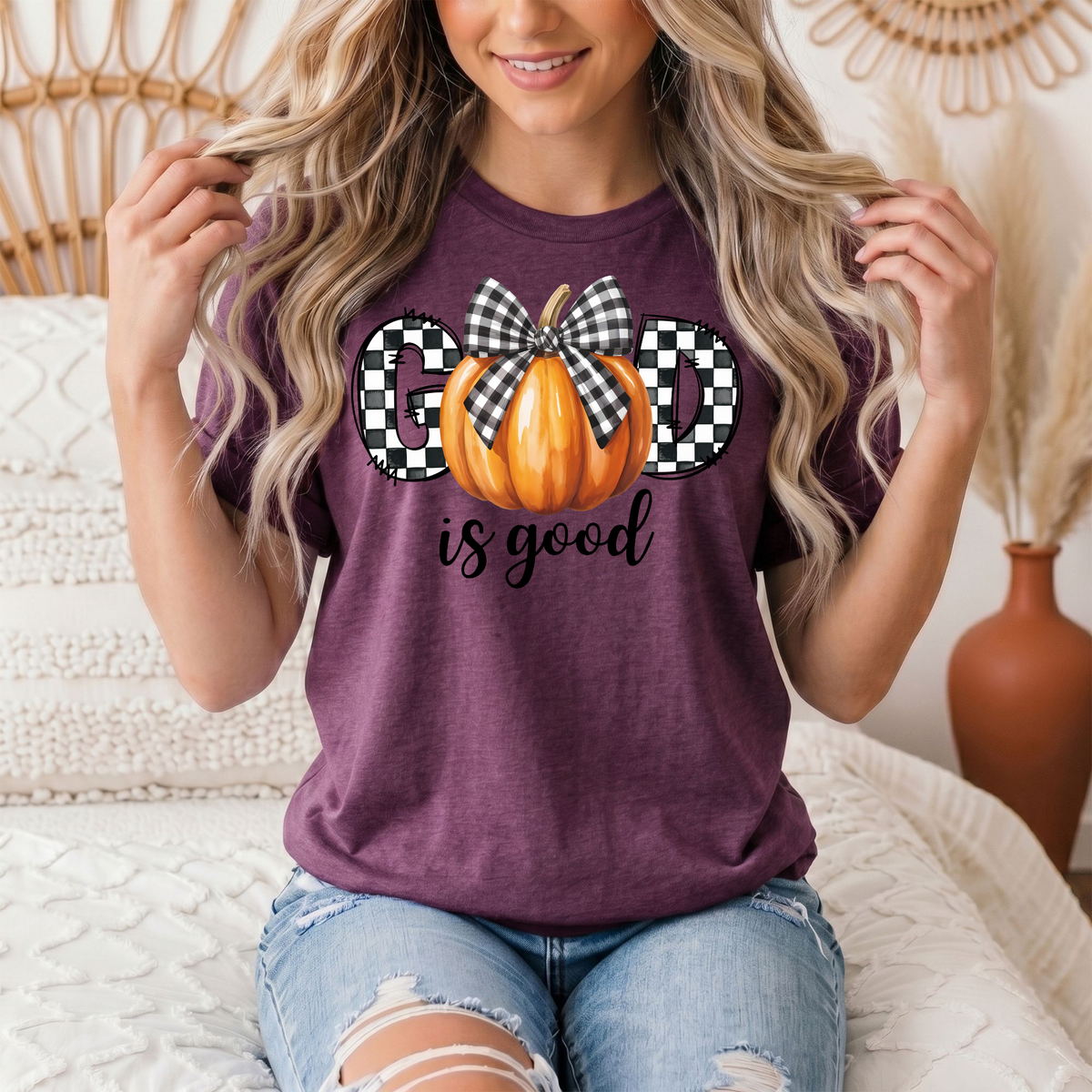 God Is Good Pumpkin & Gingham Bow Graphic Tee