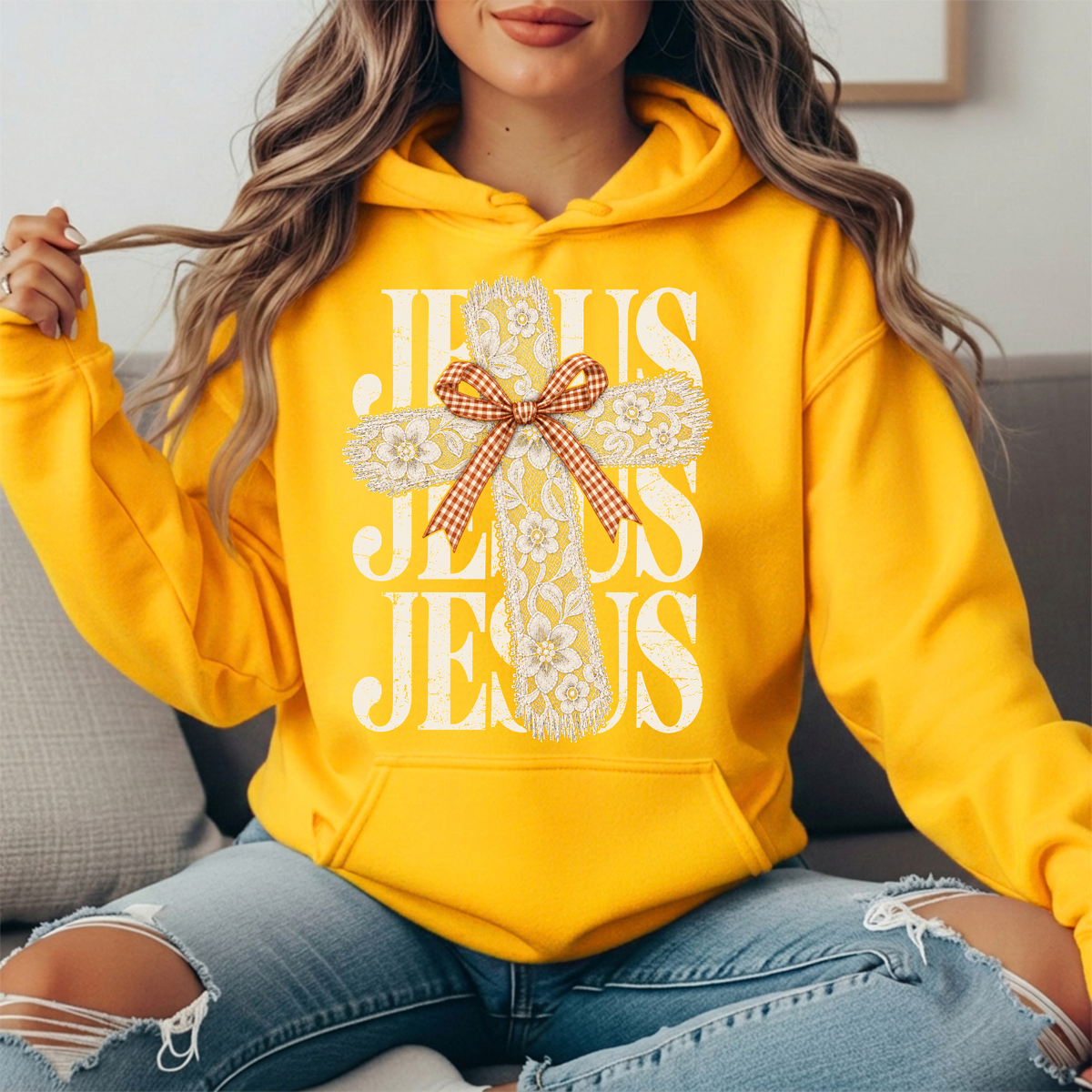 Jesus Floral Lace Cross & Gingham Bow Graphic Hoodie