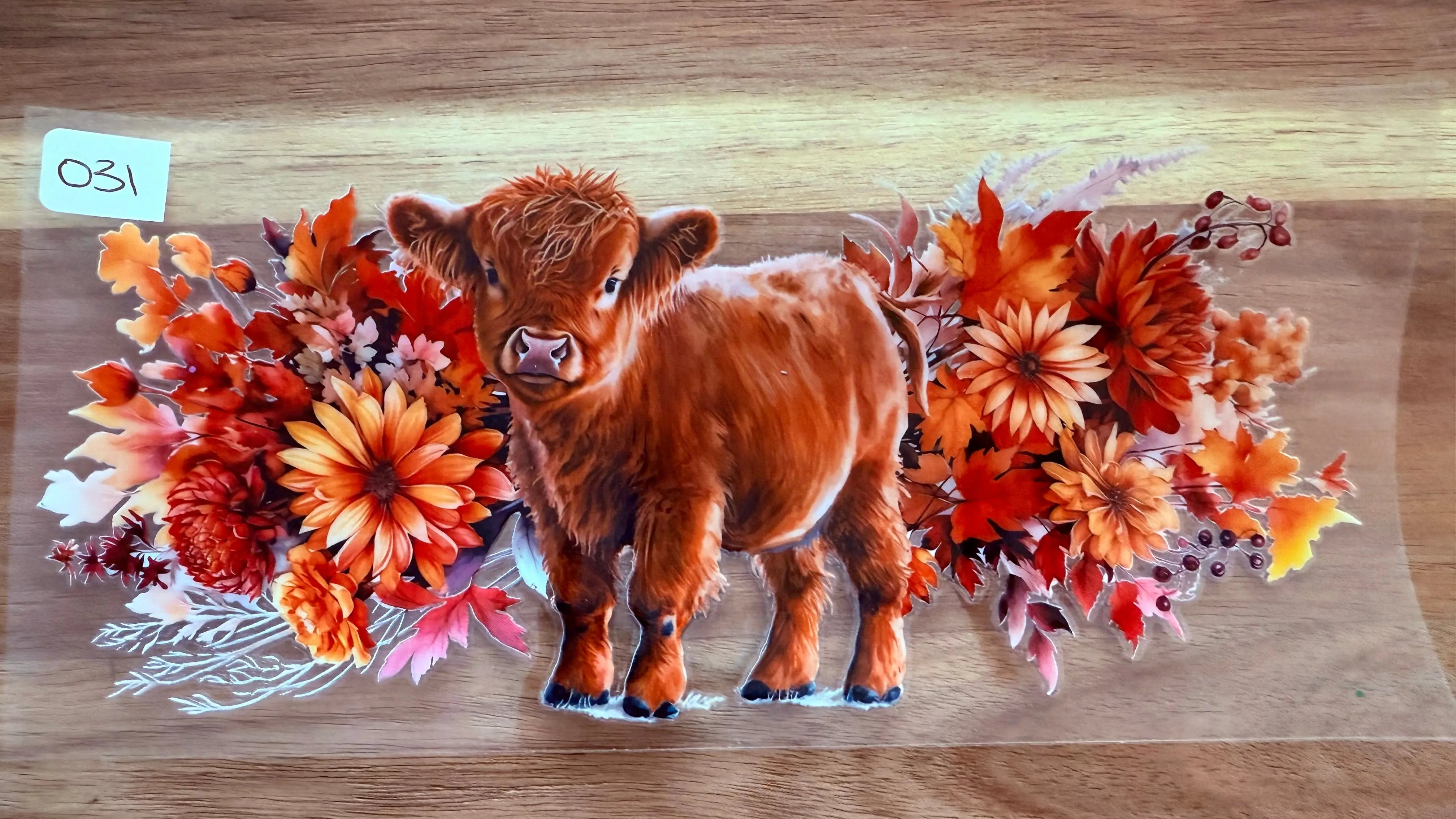 #31 Brown Highland cow with fall flowers K's Krafty Barn