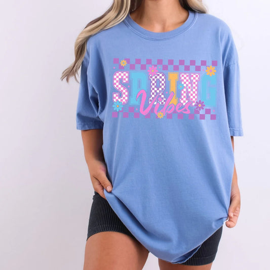 Spring Vibes Checkered Shirt | Checkered Spring Graphic Tee