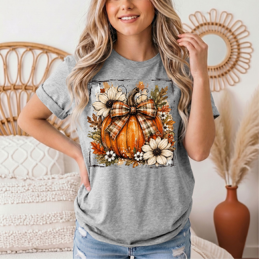 Fall Pumpkin Floral & Plaid Bow Graphic Tee