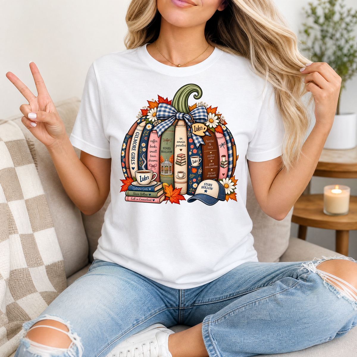 Gilmore Fall Bookish Pumpkin & Gingham Bow Graphic Tee