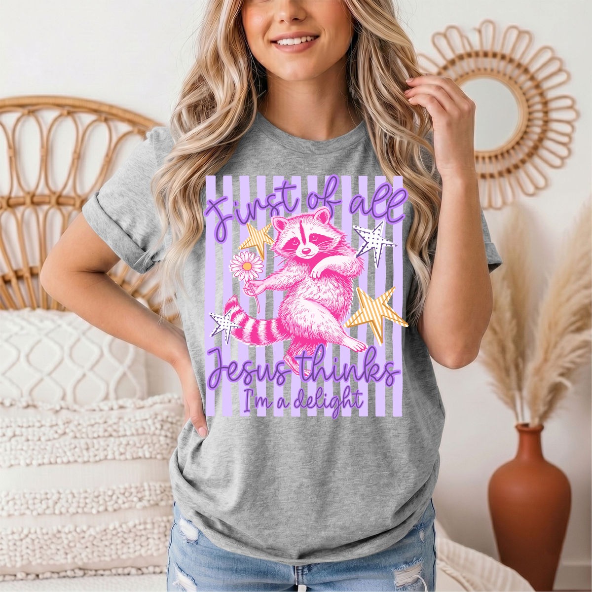 Jesus Thinks I'm a Delight Pink Raccoon Graphic Tee
