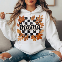 Mama Fall Leaves Checkerboard Graphic Hoodie