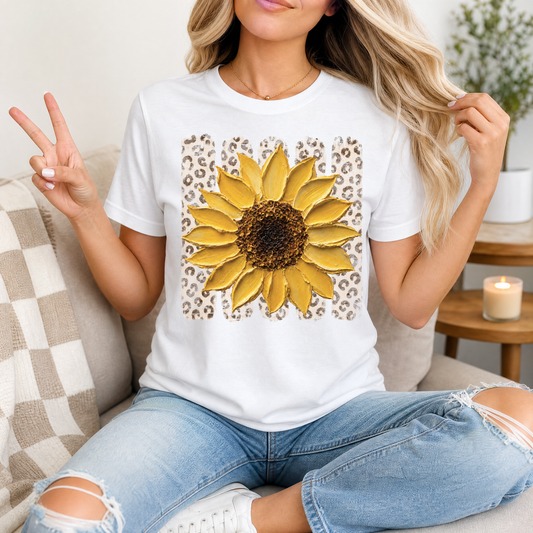 Painted Sunflower & Leopard Print Graphic Tee