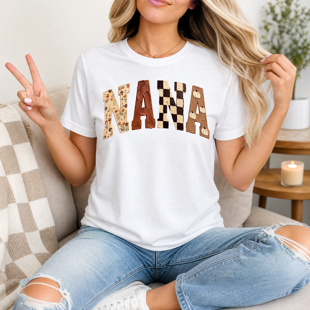 Fall Nana Floral, Checkerboard & Pumpkin Graphic Tee