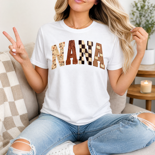 Fall Nana Floral, Checkerboard & Pumpkin Graphic Tee