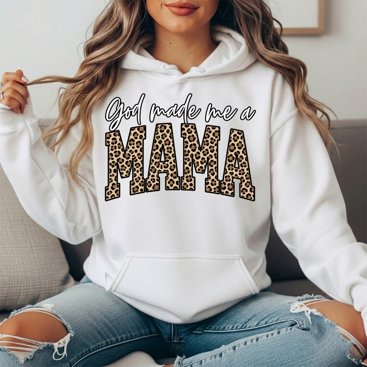 God Made Me a Mama Leopard Print Graphic Hoodie