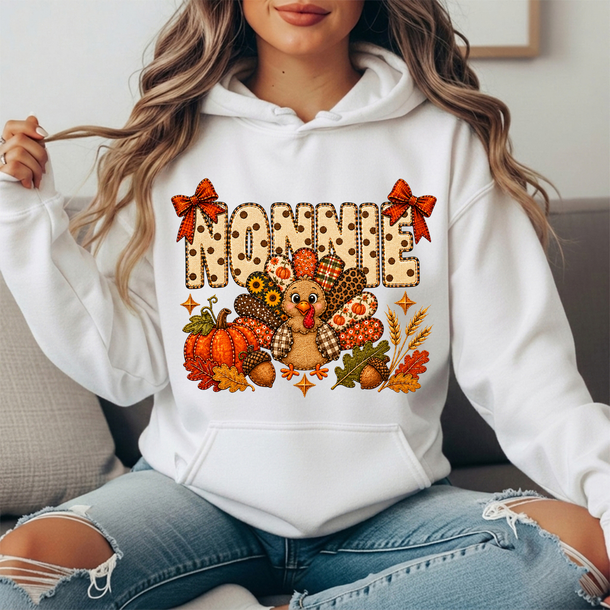 Nonnie Thanksgiving Patchwork Turkey Bow Graphic Hoodie