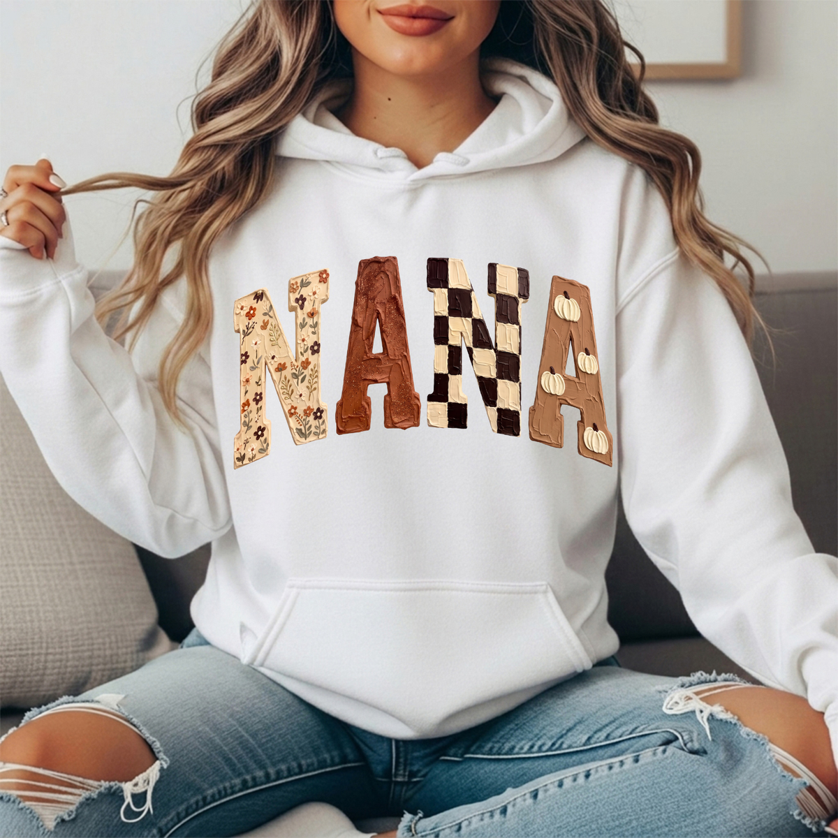 Nana Fall Floral, Checkerboard & Pumpkin Graphic Hoodie