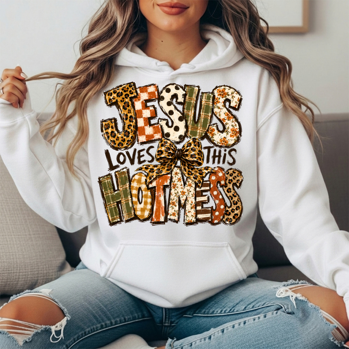 Jesus Loves This Hot Mess Leopard Bow Graphic Hoodie