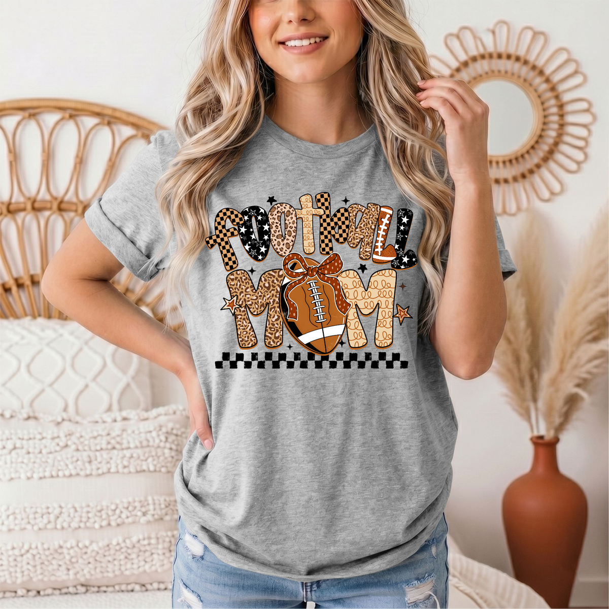 Football Mom Mixed Print Bow & Checkerboard Graphic Tee
