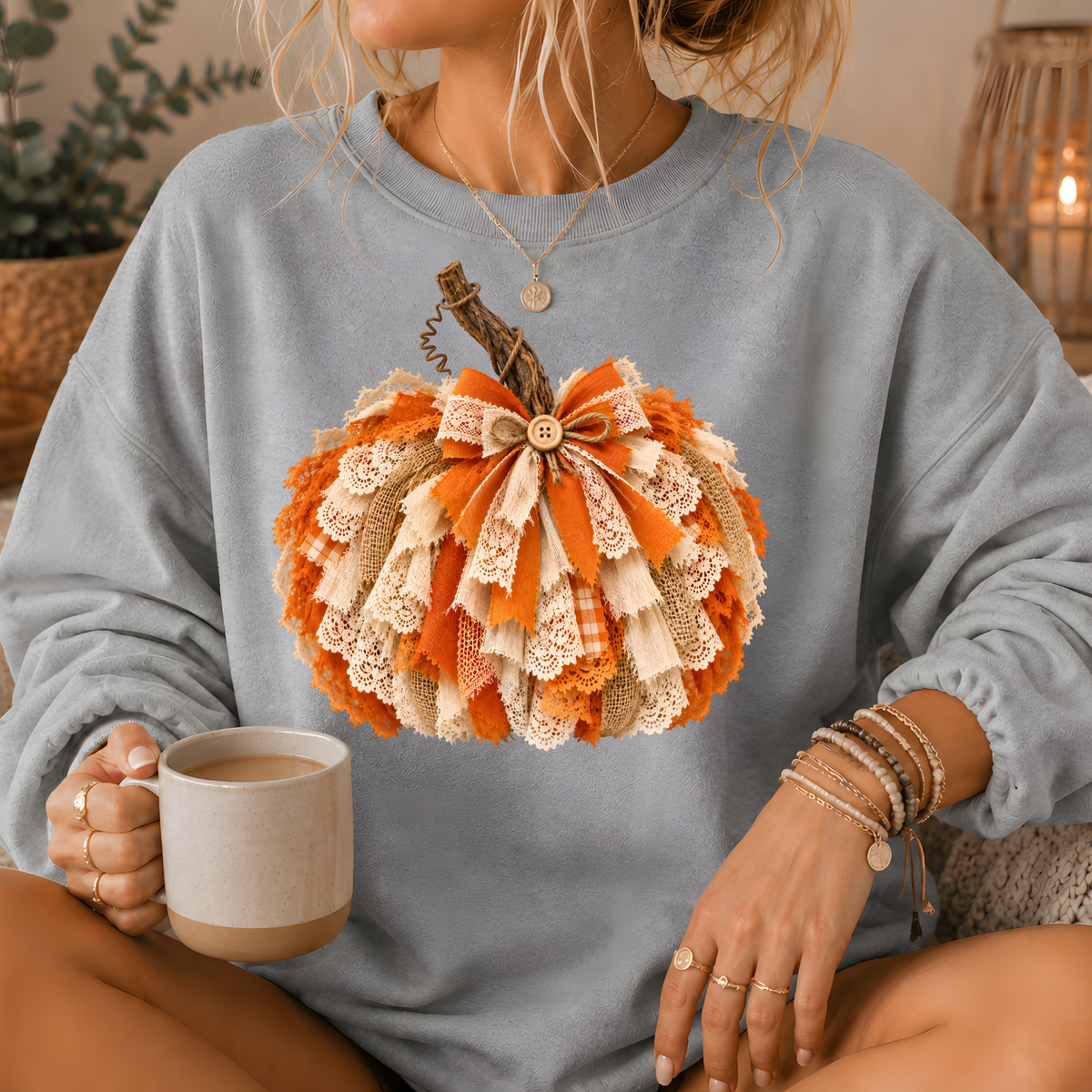 Rustic Lace & Burlap Pumpkin Graphic Crewneck Sweatshirt