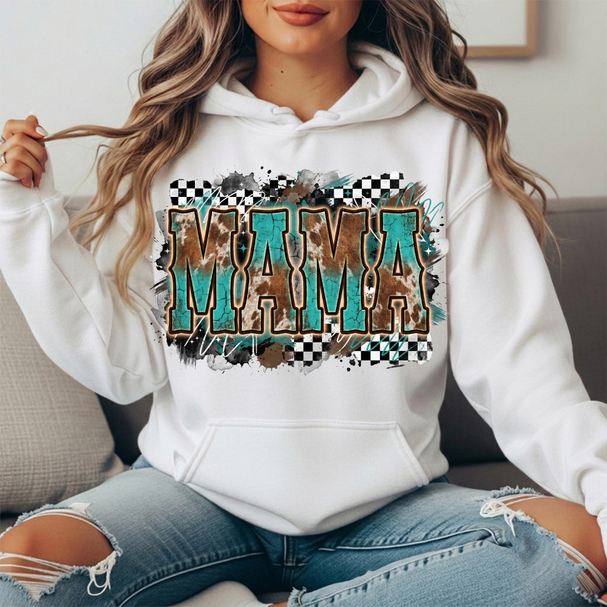 Turquoise Cowhide Mama Western Graphic Hoodie