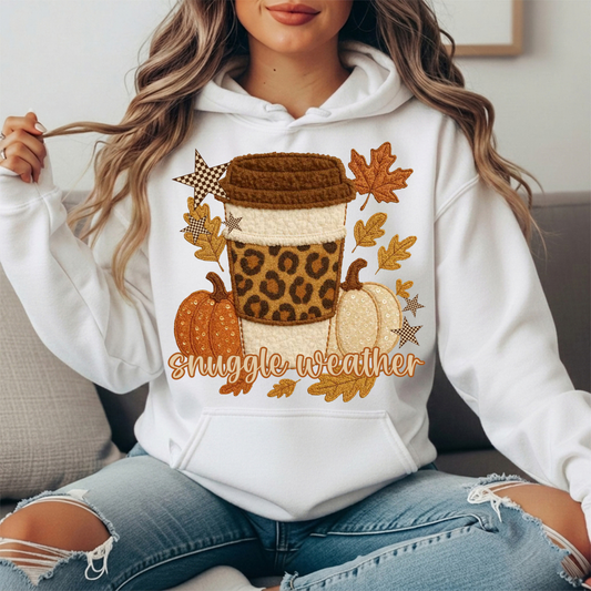 Snuggle Weather Faux Embroidery Coffee Hoodie Sweatshirt