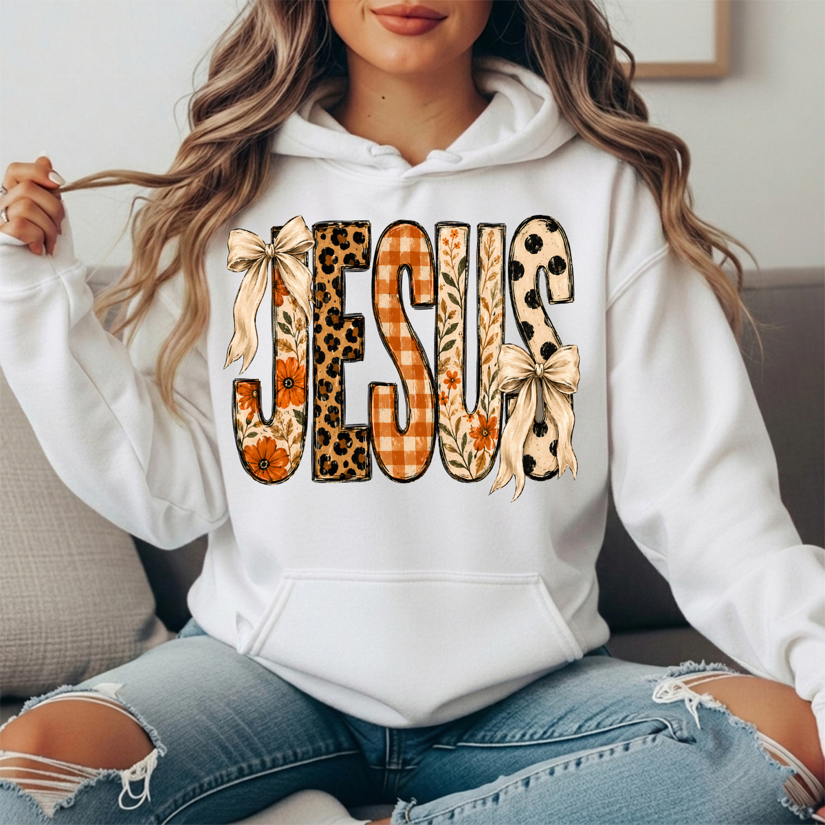 Jesus Patchwork Floral & Bow Graphic Hoodie