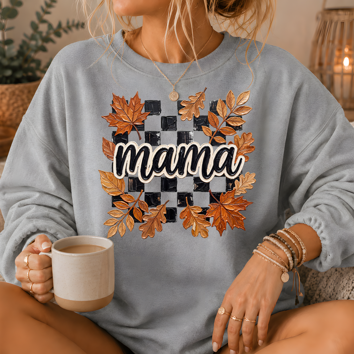 Mama Fall Leaves Checkerboard Crewneck Sweatshirt