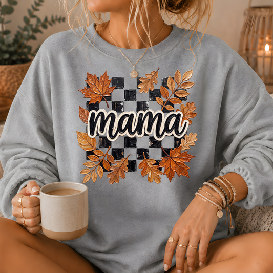 Mama Fall Leaves Checkerboard Crewneck Sweatshirt