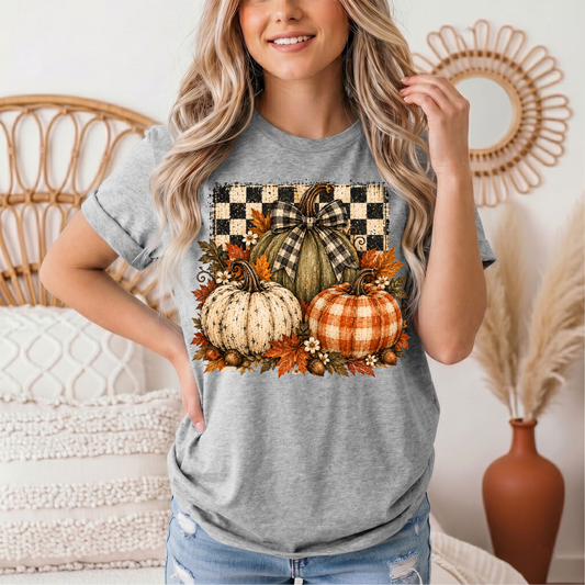 Rustic Fall Pumpkin Trio & Gingham Bow Graphic Tee