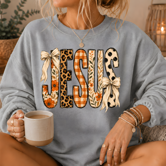 Jesus Mixed Print Bow Crewneck Sweatshirt