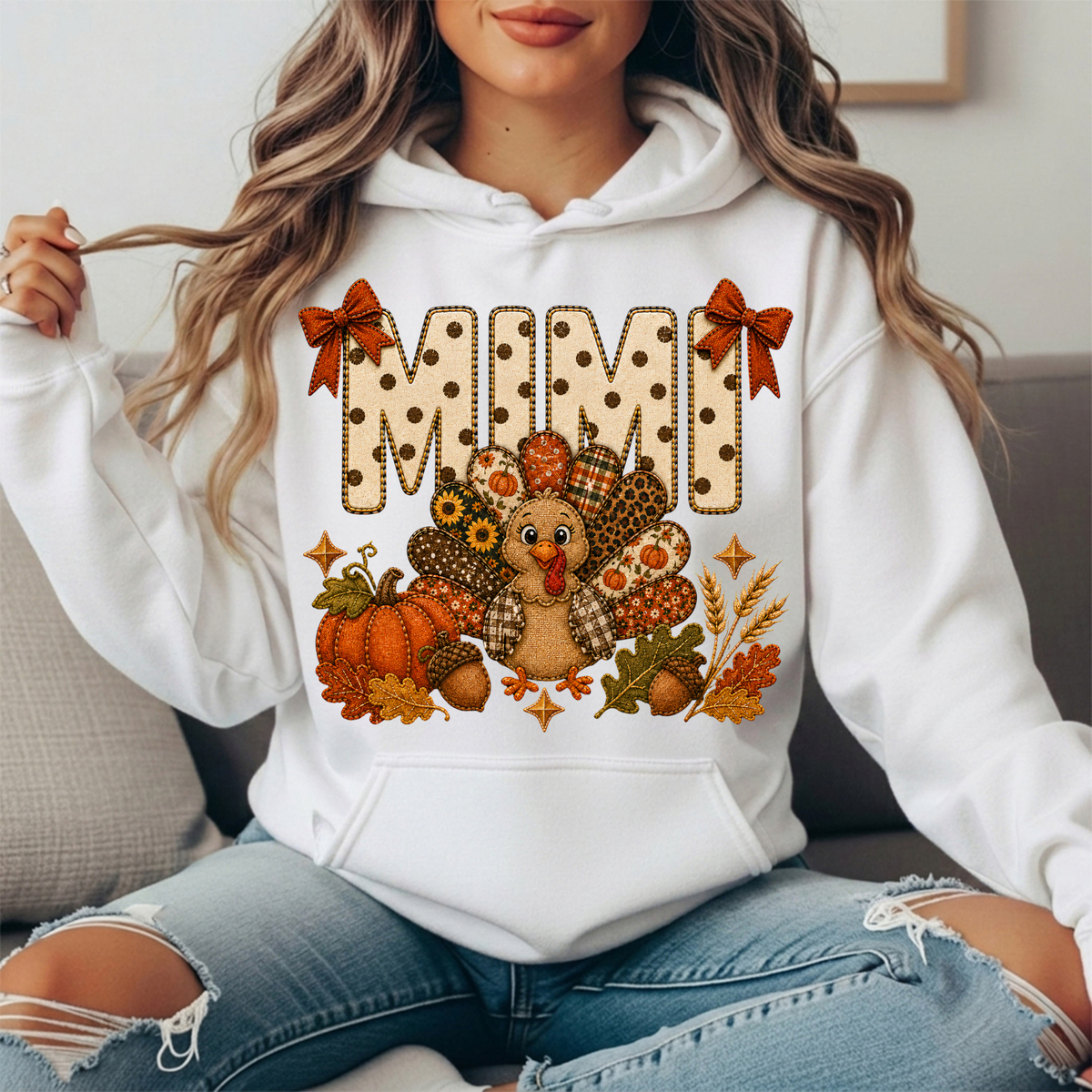 Mimi Thanksgiving Turkey & Rust Bows Graphic Hoodie