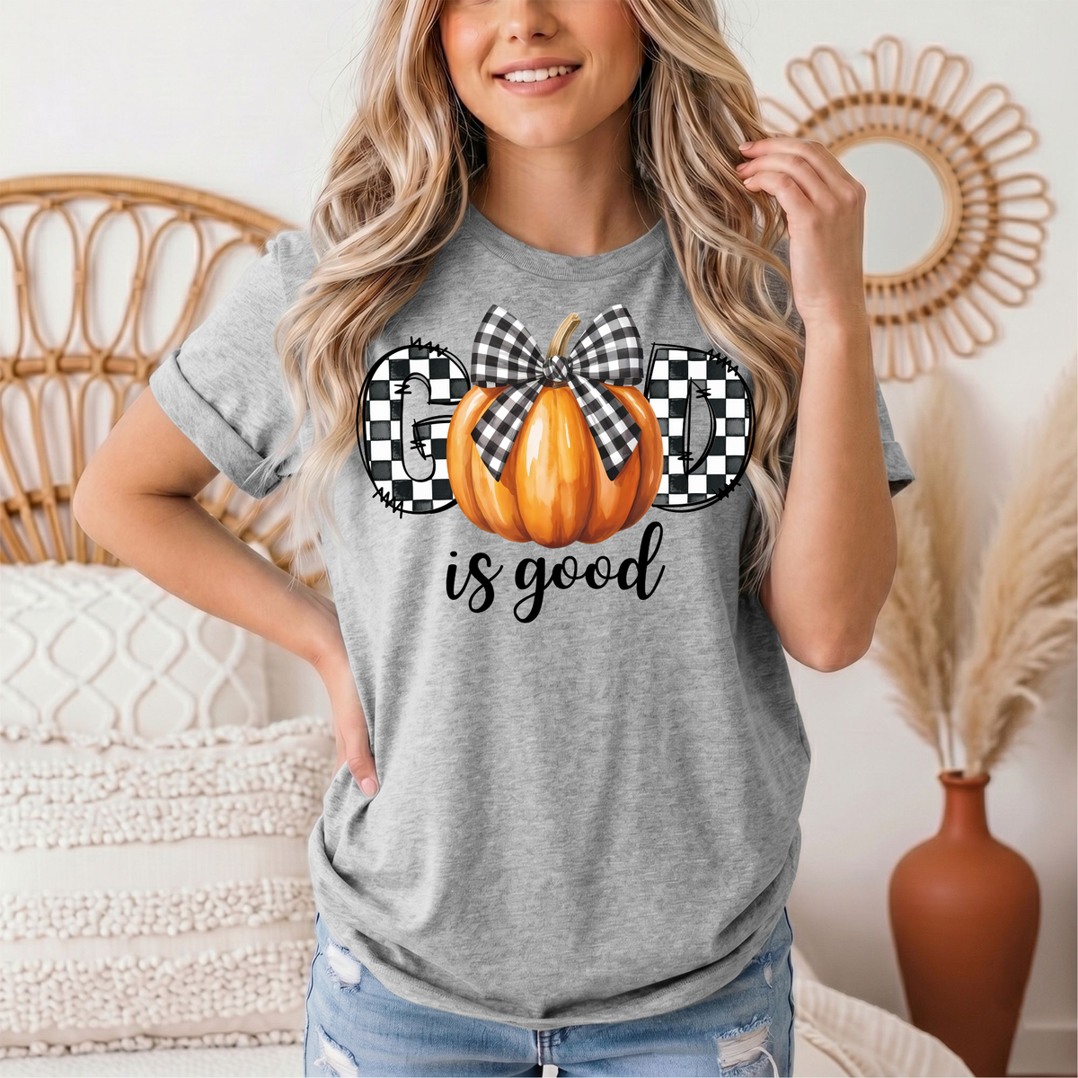 God Is Good Pumpkin & Gingham Bow Graphic Tee