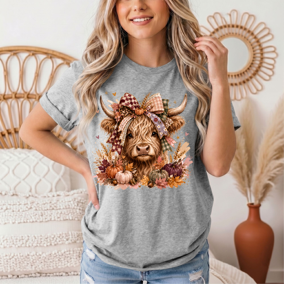 Fall Highland Cow Bow & Pumpkins Graphic Tee