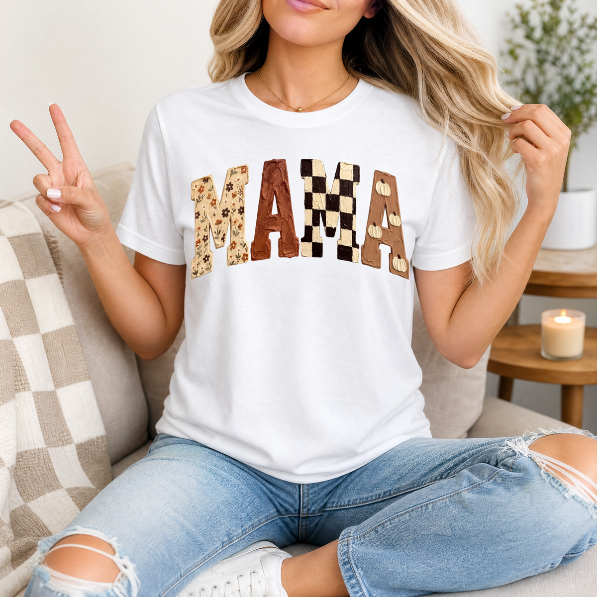 Fall Mama Floral, Checkerboard & Pumpkin Graphic Tee