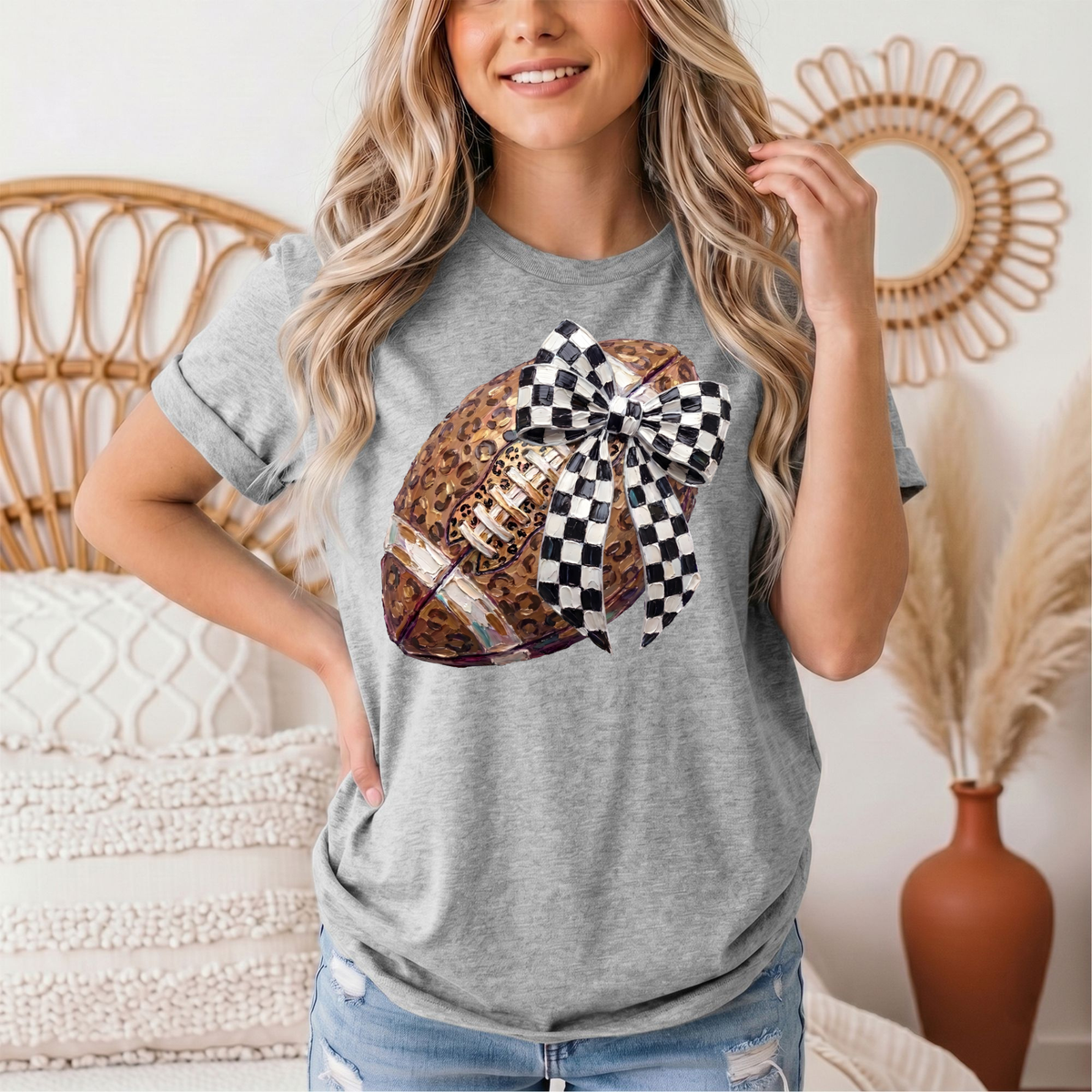 Leopard Football & Checkerboard Bow Graphic Tee