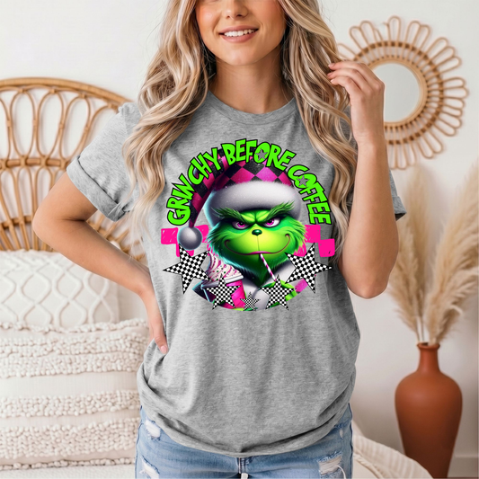 Grinchy Before Coffee Pink Checkerboard Christmas Graphic Tee