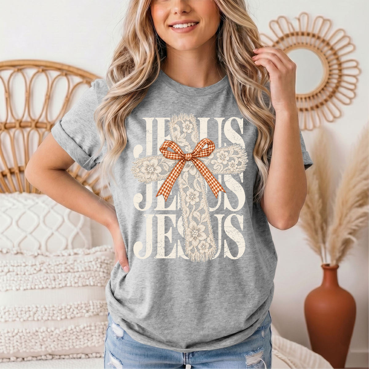Jesus Lace Cross & Gingham Bow Christian Graphic Tee