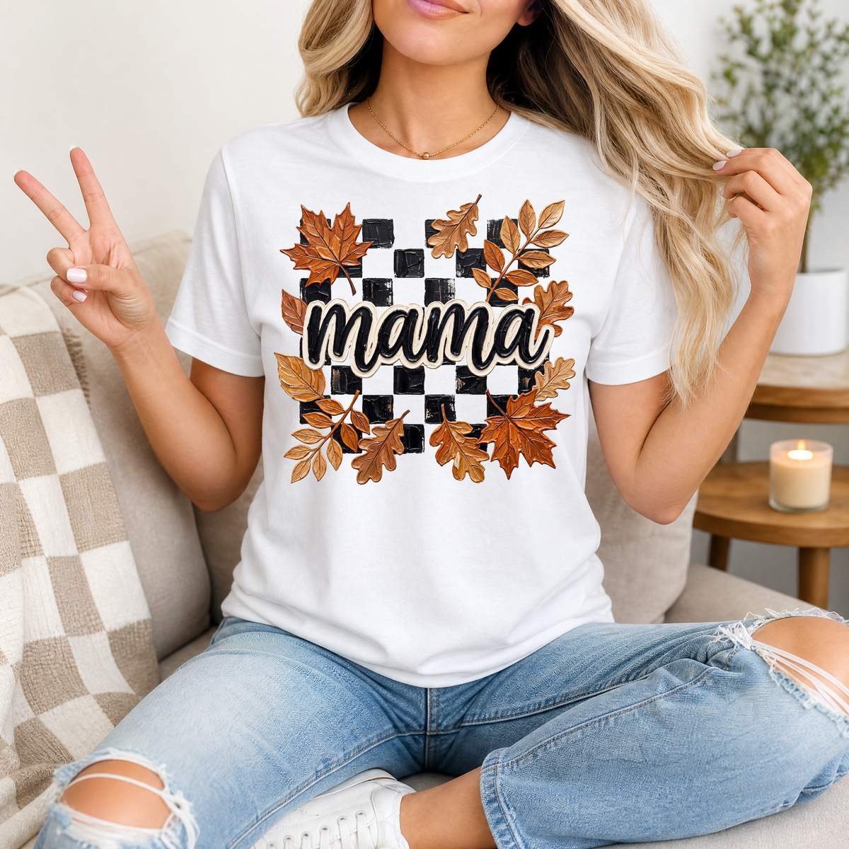 Mama Fall Leaves & Checkerboard Graphic Tee