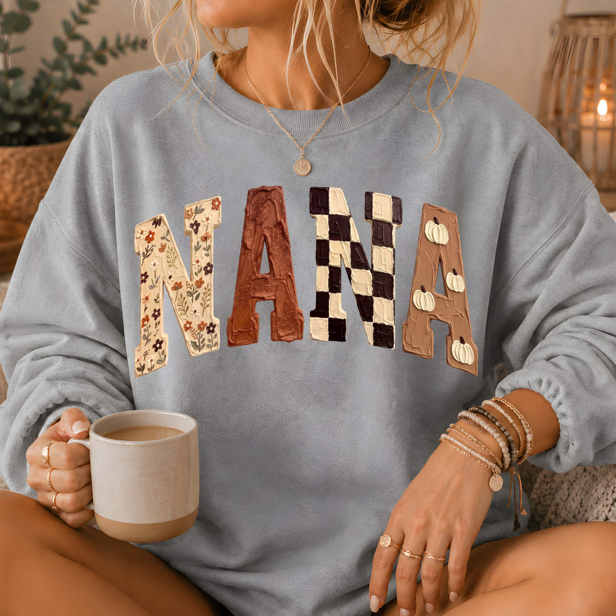 Nana Fall Patchwork Print Crewneck Sweatshirt