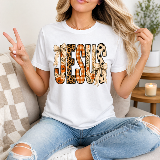 Jesus Floral, Leopard & Gingham Bow Graphic Tee