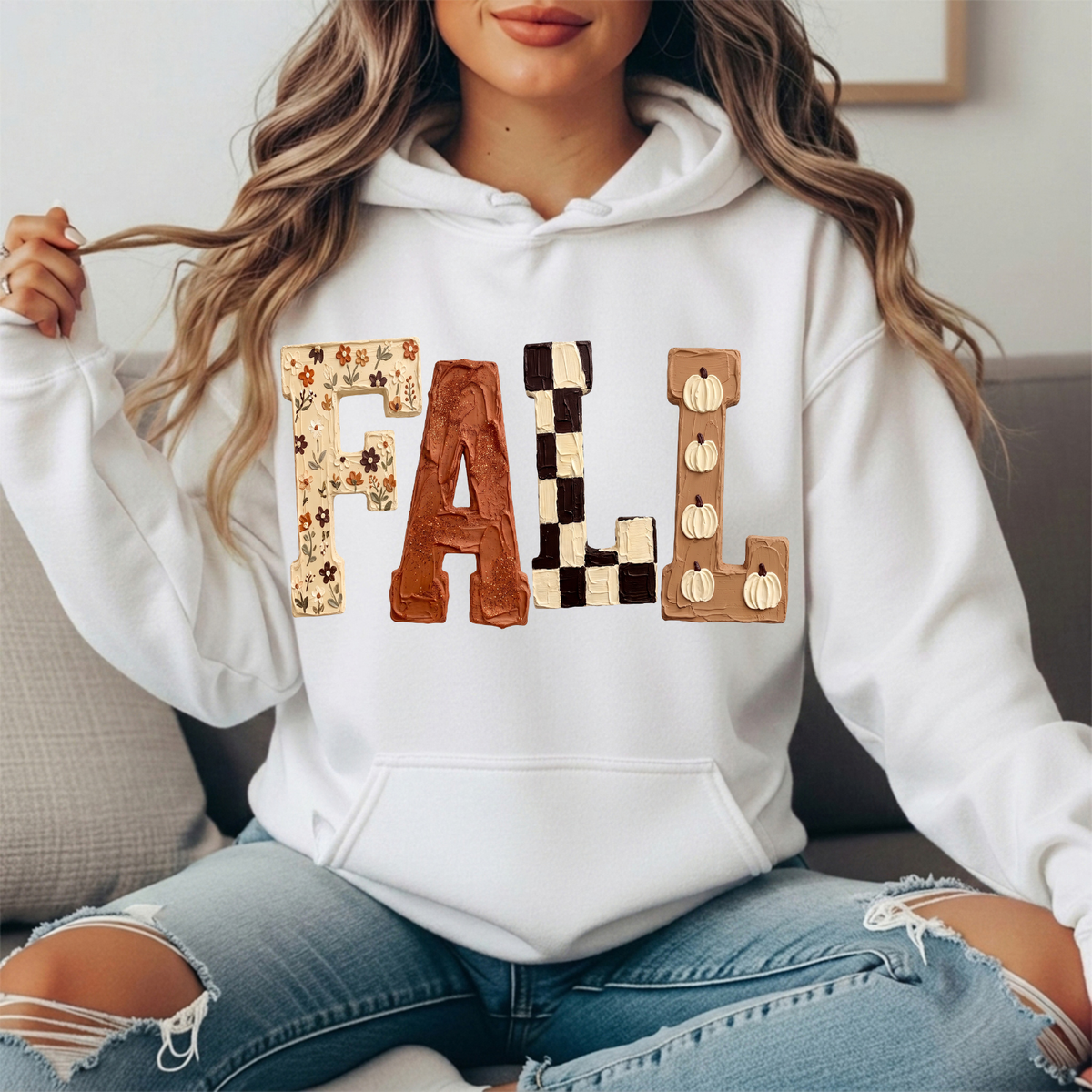 Fall Floral Checkerboard Pumpkin Lettering Graphic Hoodie