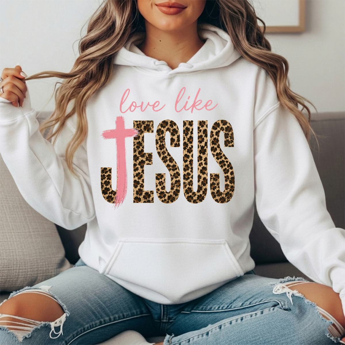 Love Like Jesus Leopard Print Cross Graphic Hoodie