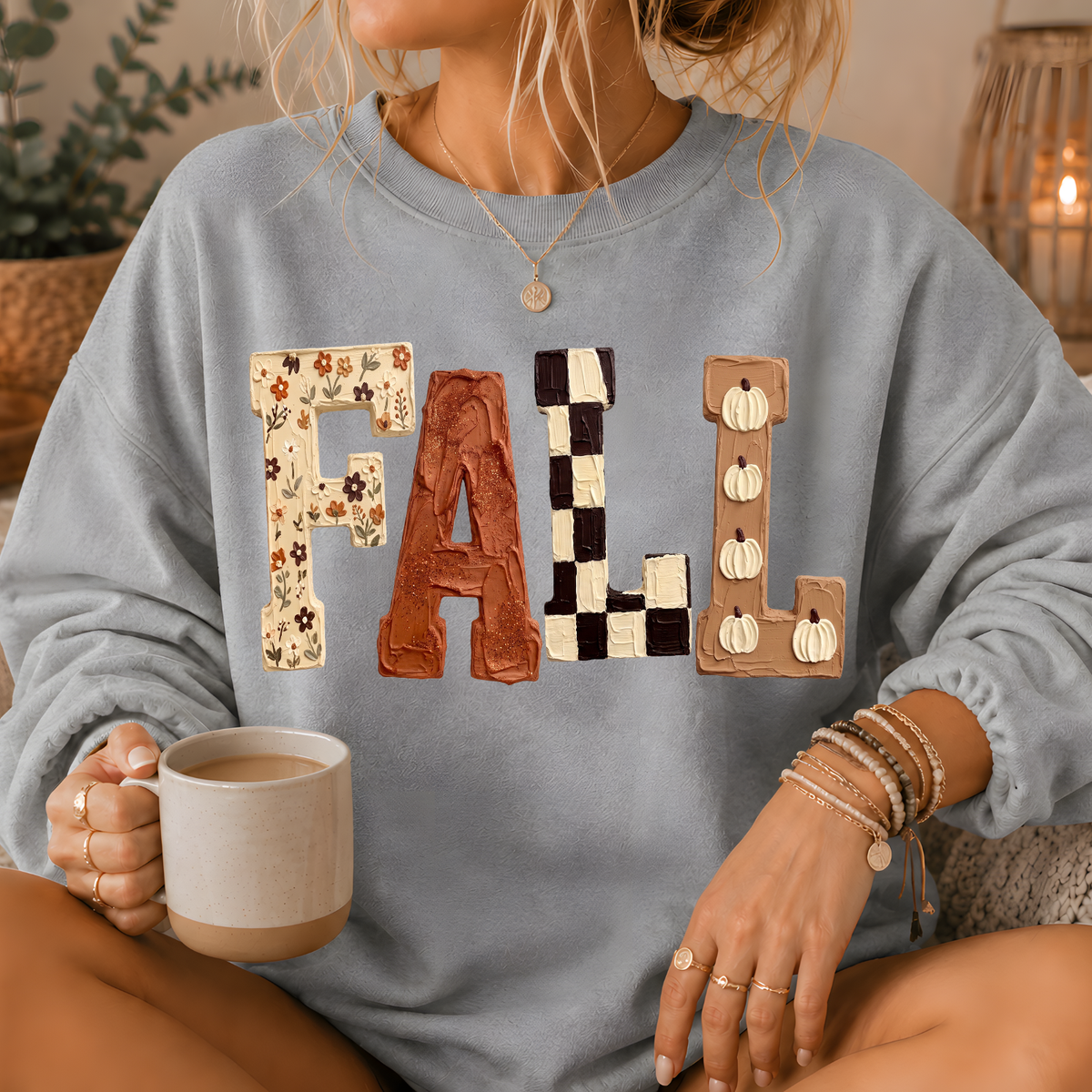 Fall Patchwork Print Crewneck Sweatshirt
