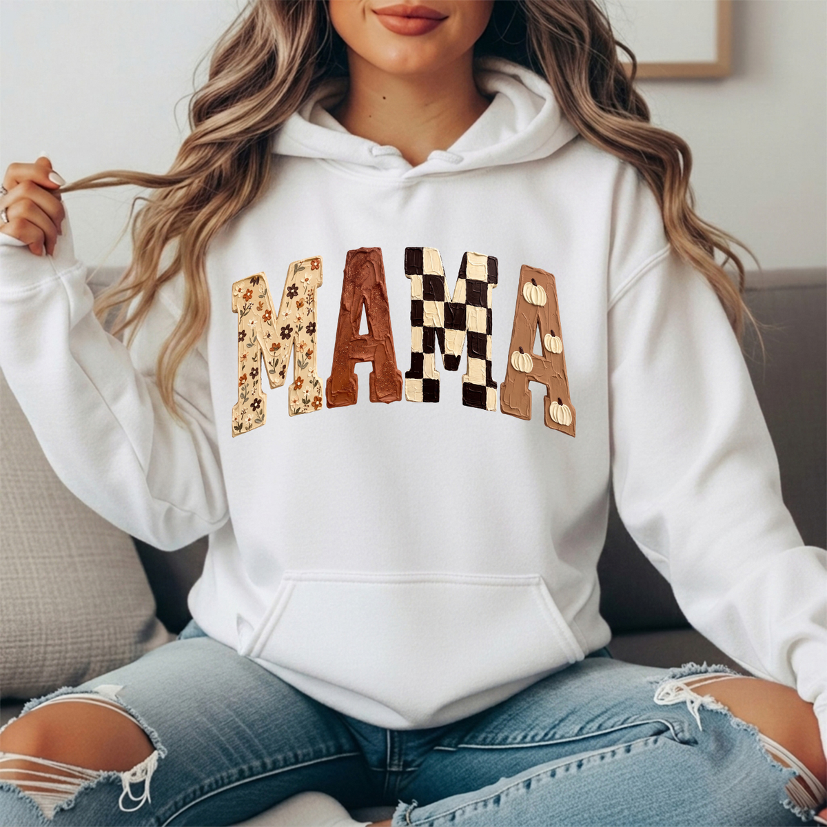 Mama Fall Floral, Checkerboard & Pumpkin Graphic Hoodie