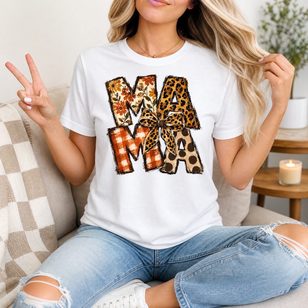 Fall Mama Floral & Leopard Bow Graphic Tee